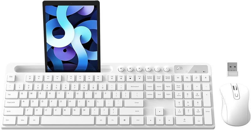 MARVO Wireless Keyboard and Mouse Combo, 2.4G Ergonomic Wireless Computer Keyboard with Phone Tablet Holder, Silent Mouse with 6 Button, Compatible with MacBook, Windows (White) - Image 1